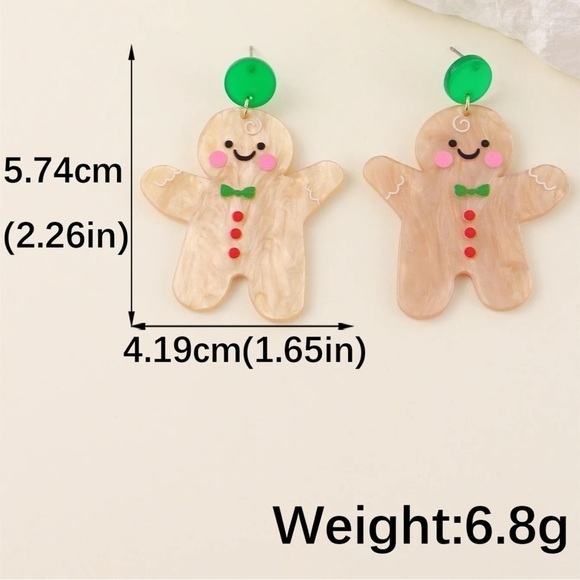 NEW Christmas Holiday Festive Gingerbread Man Cute Winter Earrings Tan Green - Picture 3 of 4
